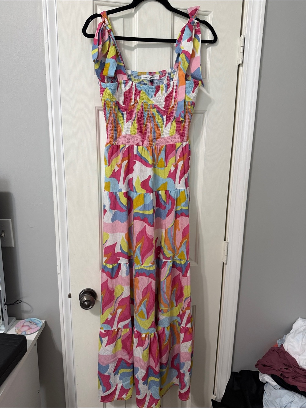Smocked Tie-Shoulder Multicolor Maxi Dress
